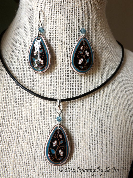 Turquoise and Black Spring Vines Teardrop Earrings and Matching Necklace Pysanky Jewelry by So Jeo